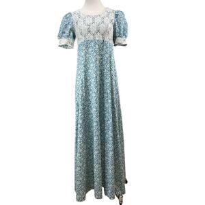VTG 70s Maxi Floral Empire Lace Prairie Dress Womens (S/M Cottage Cotton Regency